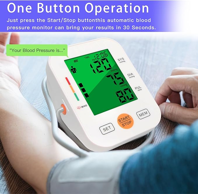 Blood Pressure Monitor Upper Arm Blood Pressure Machine for Home Use BP Cuff Kit, Large 3-Color 3.4'' Display with Backlight,Pulse Rate Detection Meter with Cuff 22-42cm/2×99 Sets Memory (White)