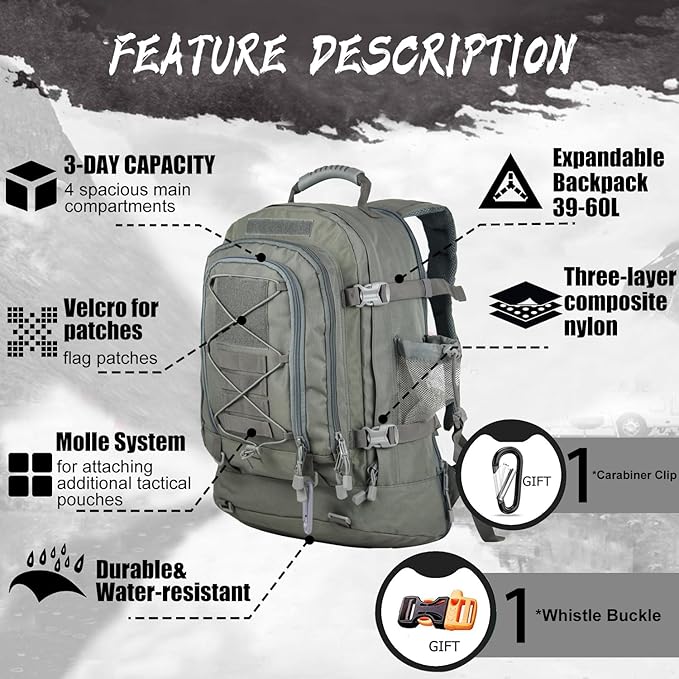 Expandable 40-64L Military Tactical Backpack 3 Day Bag Hiking Gym Sport Camping