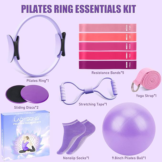 Pilates Ring Set - Home Workout Equipment Set with 12.6'' Magic Circle, 9.8'' Ball, Sliding Disks, Resistance Bands & Training Poster etc, Pilates Kit for Beginners, Fitness Gift Idea