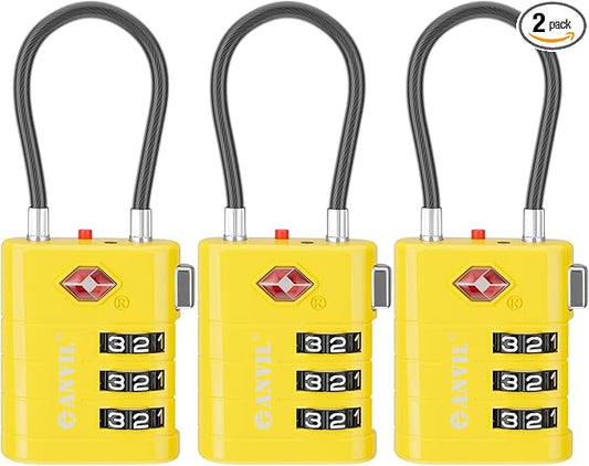 ANVIL TSA Approved Luggage Locks – High Security TSA008 Combination Travel Locks with Inspection Indicator for Suitcases and Backpacks. (3, Yellow)