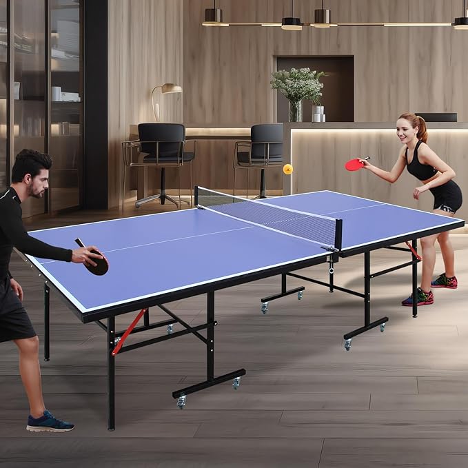 Professional Table Tennis Table, Foldable Ping Pong Game Set for Indoor, 8FT 9FT Single Player Playback Mode Ping Pong Table with Net and Post Set, 2 Paddles and 3 Balls