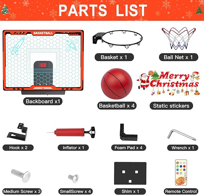 Awsoo Basketball Hoop Indoor for Kids，Mini Basketball Hoop with Colorful Light Bar，Scoreboard& 4 Basketballs, Basketball Toys Gifts for 3 4 5 6 7 8 9 10 11 12 Year Old Boys Girls (Red)
