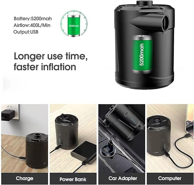 Electric Air Pump for Inflatables 5200mAh Air Mattress Pump Rechargeable Portable Mini Inflator/Deflator Pumps for Outdoor Camping, Inflatable Cushions, Air Mattress Beds, Swimming Ring Pool Toys