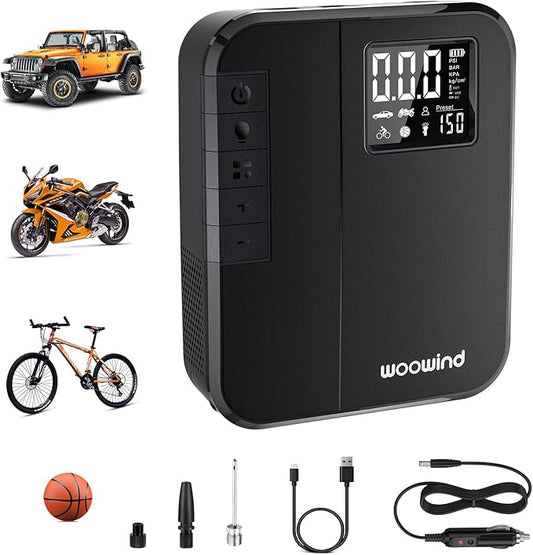 Woowind BP188 Bike Pump, The Pro Electric Bicycle Pump Tire Inflator Portable Air Compressor with Schrader, Presta and Dunlop Valve Adapters - 120~150PSI Options