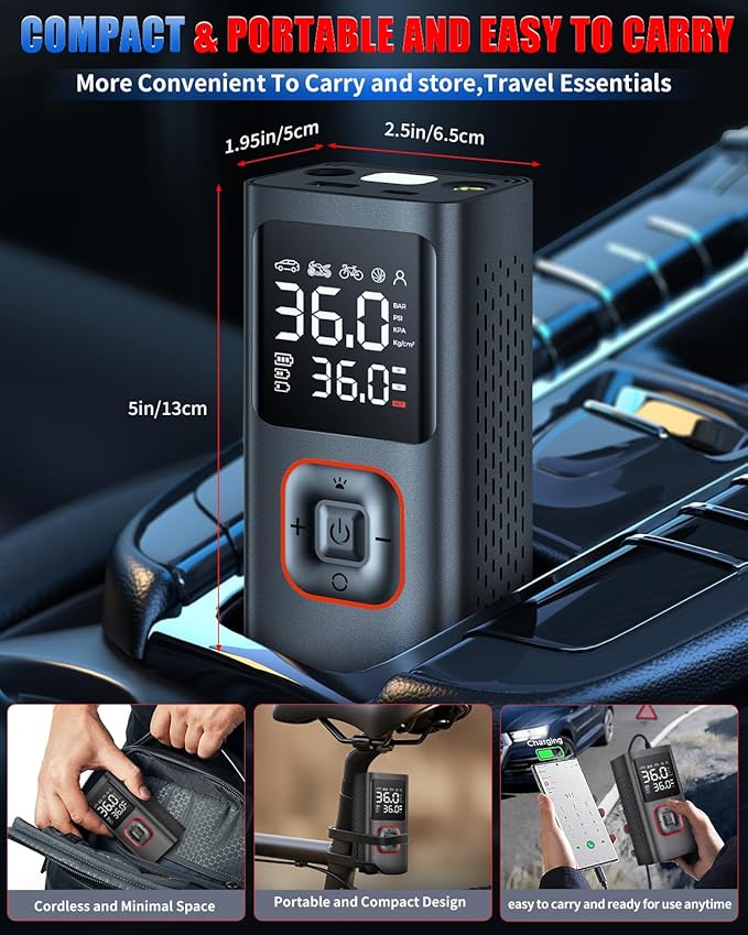 Tire Inflator Portable Air Compressor Cordless Tire Air Pump for Car 150PSI Mini Smart Inflator Fast Inflation and Auto Shutoff with Digital Pressure Gauge LED Light USB Port for Bike Motorcycle Ball