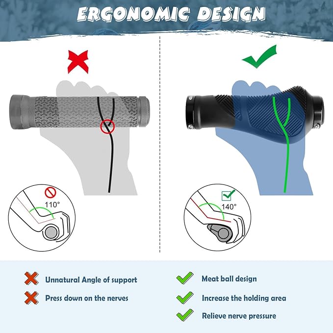 GXCROR Ergonomic Bike Handlebar Grips, Double Lock, Non-Slip Rubber, Universal 22.2mm, for MTB E-Bike