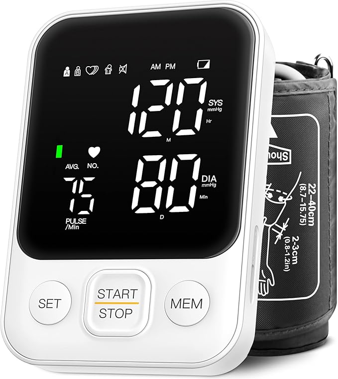 Blood Pressure Monitor Upper Arm Machine Accurate Adjustable Manual BP Cuff Kit Led Backlit Display 2 Users 240 Sets Memory Includes Storage Bag White
