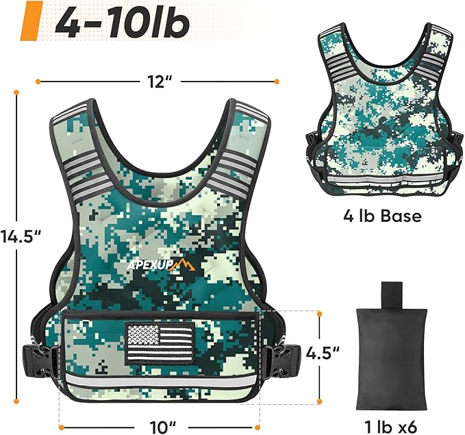 APEXUP Adjustable Weighted Vest, 4-10lb/12-18lb/20-32lb Vest with 6 Ironsand Weights and Large Pocket, Weight Vest for Men Women Strength Training, Running, Walking