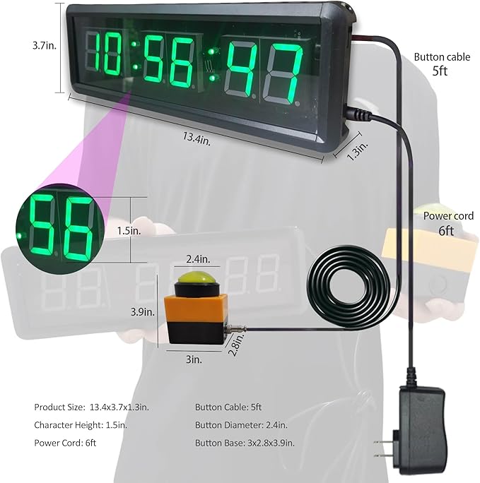 Countdown Timer Clock, Large Stopwatch with Tap Button, Support Count Up & Real Time Function, Ideal for Indoor Games & Sports, Wall Mount/Tabletop, 13.4x3.7in.