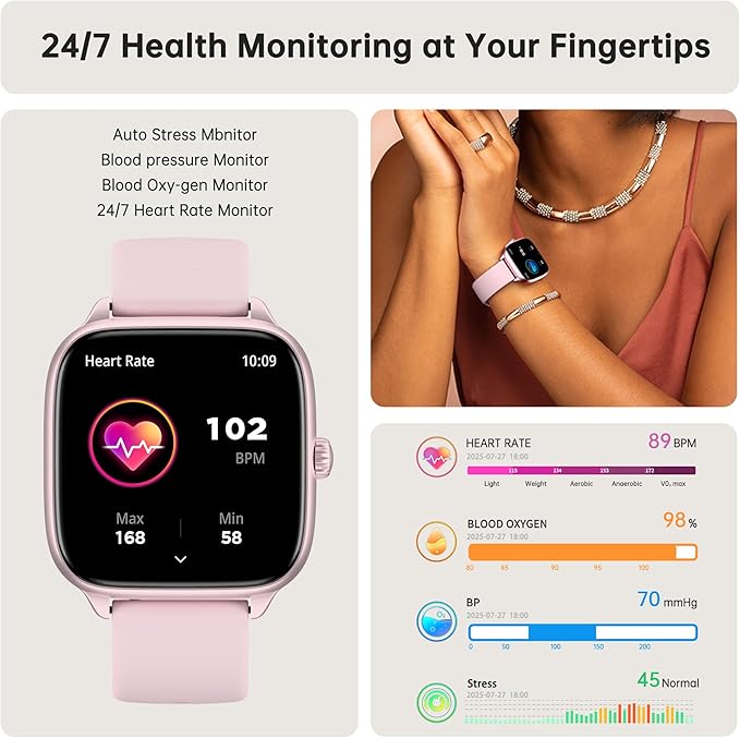 Health Fitness Tracker (Answer/Make Calls), Smart Watch with 24/7 Heart Rate Monitor, Activity Tracker with Blood Pressure, Blood Oxygen, 120+ Sport Modes Sleep Tracker for Women Men (Pink)