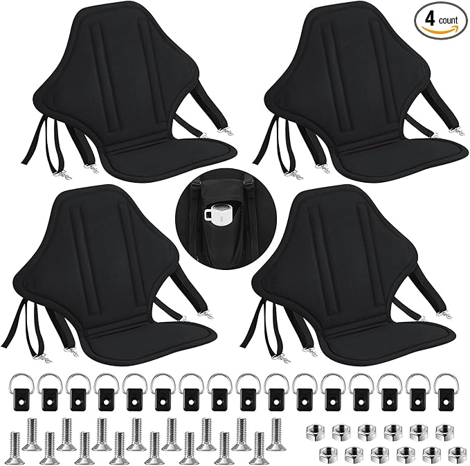 Lewtemi 4 Pack Padded Kayak Seat Fishing Boat Seat with Back Support and Storage Bag Detachable Paddle Board Seat Canoe Seat with Adjustable Back Strap for Summer Sup Canoe Universal Sit, Black