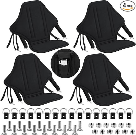 Lewtemi 4 Pack Padded Kayak Seat Fishing Boat Seat with Back Support and Storage Bag Detachable Paddle Board Seat Canoe Seat with Adjustable Back Strap for Summer Sup Canoe Universal Sit, Black