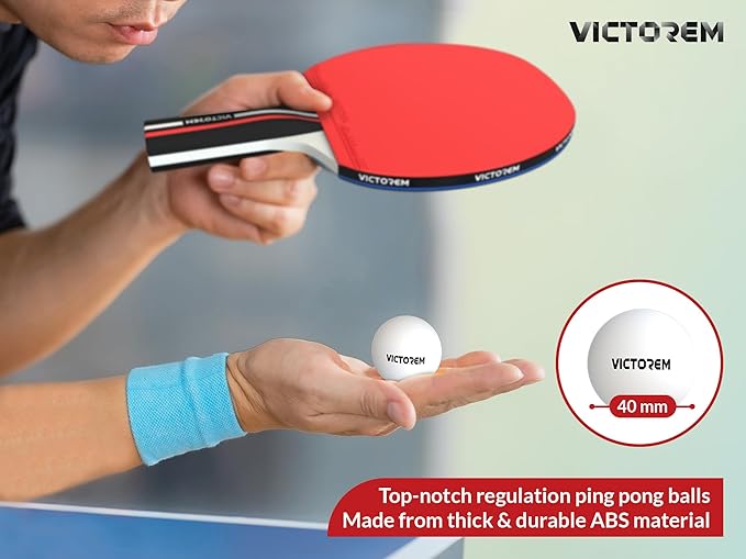 VICTOREM Table Tennis Paddles Set of 4 - Professional Ping Pong Paddles Set with Rubber & Ergonomic Handle for Enhanced Control & Spin - Speed & Control for Ultimate Performance with 8 Balls Included