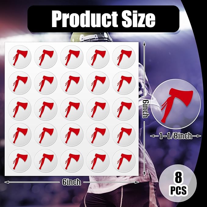 Jecery 200 Pcs 8 Sheets Football Helmet Stickers Hatchet Decals 1-1/8 Inch Self Adhesive Hockey Stickers for Baseball Softball (Red on Clear)