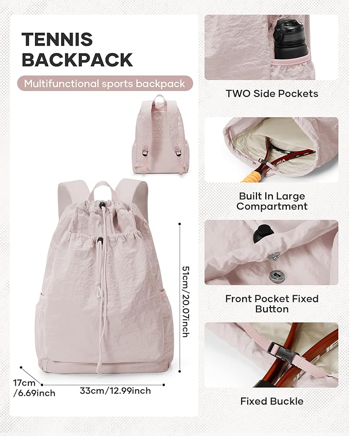 Tennis Racket Bag for Women, Waterproof Tennis Badminton Backpack 2 Racquets, Drawstring Racket Case for Ball Paddles