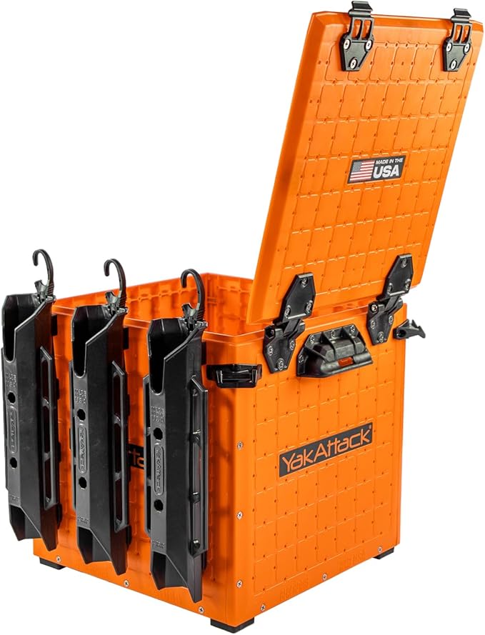 YakAttack BlackPak Pro 13" x 13" Fishing Crate with 3 Rod Holders - Orange | Compact Tackle Storage Box & Gear Organizer for Kayaks | Lightweight, Durable & Customizable Marine Accessory | Made in USA