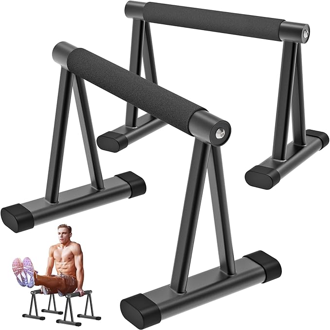 Dolibest Push Up Bar, 12'' High Parallettes Bars with 8 Rubber Feet & Comfortable Handle, Dip Bars with Stable Triangle Base for Calisthenics, Handstand, Gym & Home Exercise, Easy Assembly (600LB)