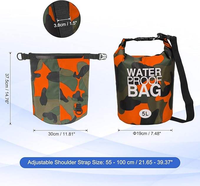 Waterproof Dry Bag, 5L Fit for Women Men Water Proof Bags Lightweight Dry Storage Floating Backpack with Whistle for Travel Boating Kayaking (Orange Camouflage)