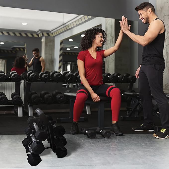 HolaHatha Hexagonal Dumbbell Free Hand Weight Set w/Rack