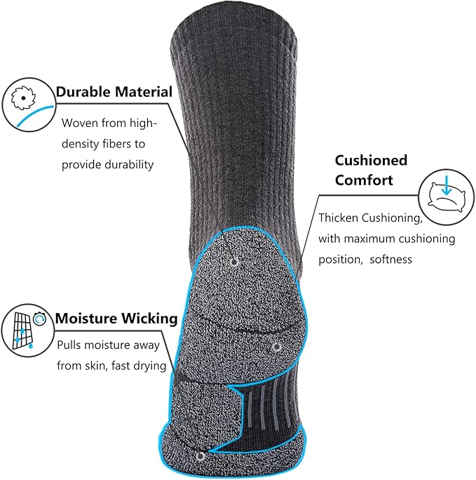 CWVLC Crew Hiking Socks, Cushion, Moisture Wicking, Arch Compression Boot Socks