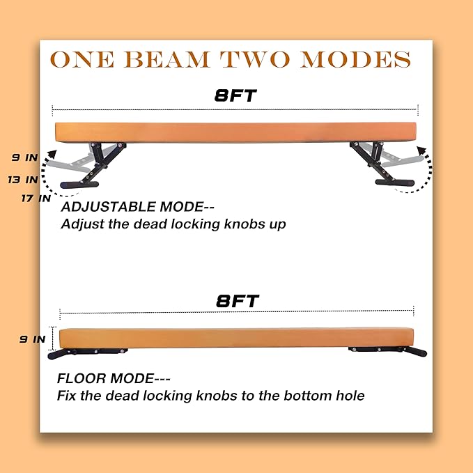Adjustable Balance Beam Gymnastics Beam 8 FT Adjustable Height Beams for Kids, High and Low Floor Beams,Gymnastics Equipment for Kids Adults Training at Home and Gym Center