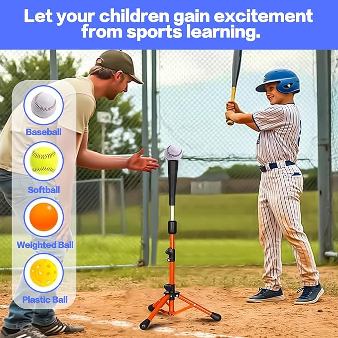 Adjustable Baseball Hitting Tee for Softball - Youth T-Ball Stand Ages 3-12 with Tool-Free Height, Multi-Surface Stability, Durable Baseball Training Equipment