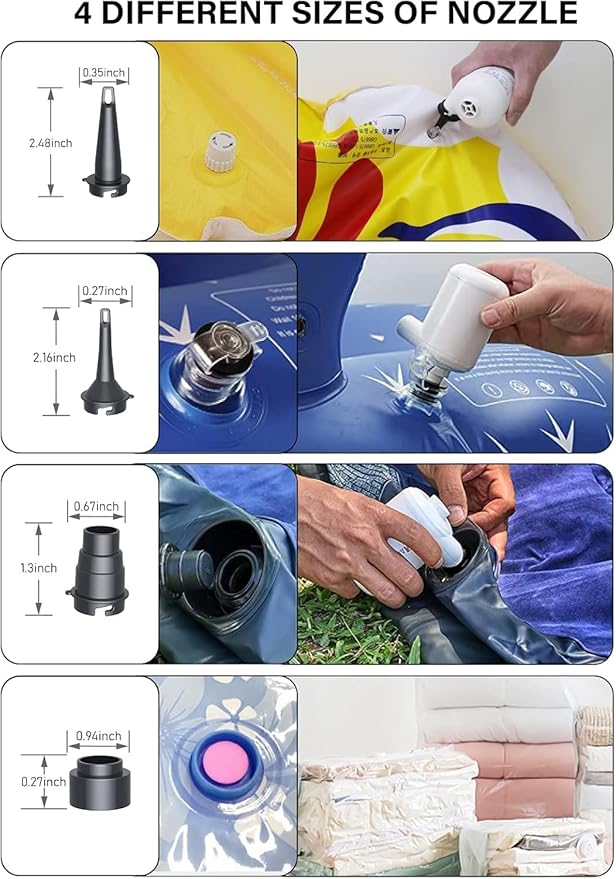 3T6B USB Rechargeable Air Mattress Pumps, Portable Air Pump with 4 Nozzles for Outdoor Camping, Air Mattress, Inflatable Couch, Pool Toy