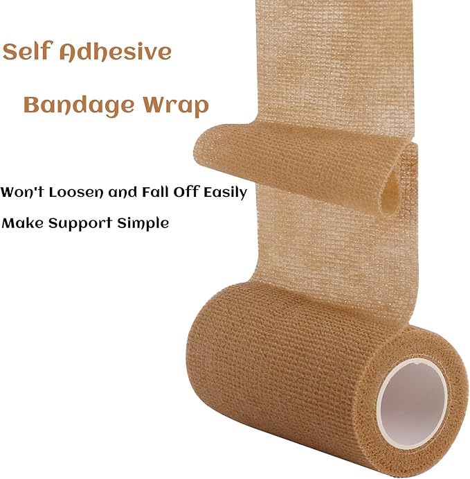 6 Rolls Elastic Self Adhesive Bandage Wrap 4 Inch, Breathable Non Woven Cohesive Bandage, Vet Wrap for Dogs, Ankle Sprains Swelling Medical First Aid Tape, Sports Athletic Tape Brown