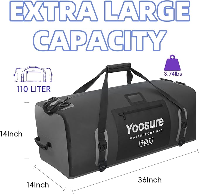 Waterproof Duffel Bag 110L- Airtight Zipper Dry Bags, Extra Large Dry Bag with Straps&Handles for Camping Boating Kayaking Rafting Canoeing Gym Beach Car Roof Storage (Black)