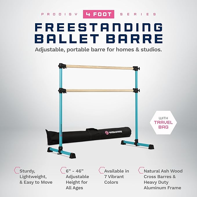 VITA Barre Portable Freestanding Double Ballet Barre, Prodigy, with Carry Bag | Adjustable Height, USA Made, Home or Gym Exercise Equipment for Kids & Adults | Dance, Fitness, Pilates