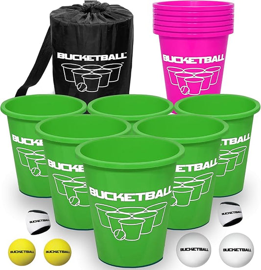 BucketBall | Team Color Edition | Combo Pack (Green/Pink): Original Yard Pong Game: Best Camping, Beach, Lawn, Outdoor, Family, Adult, Tailgate, Jumbo, Giant Game