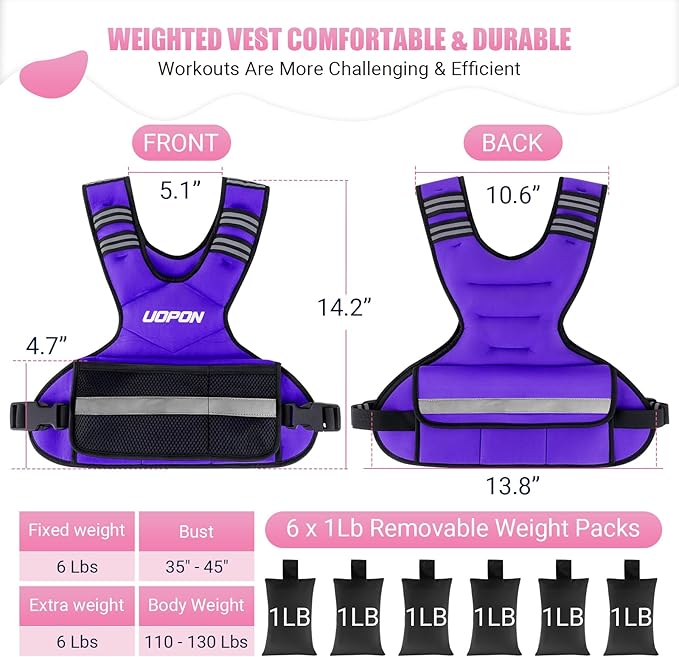 Adjustable Weighted Vest for Women, 6-12 Lbs Rucking Vest with 6 Ironsand Weights, Great Weighted Vest with Plus Pockets & Reflective Strips for Running, Walking, Workout and Strength Training