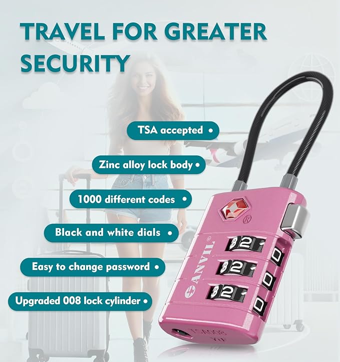 ANVIL TSA Approved Luggage Locks – High Security TSA008 Combination Travel Locks with Inspection Indicator for Suitcases and Backpacks. (2, Rose Purple)
