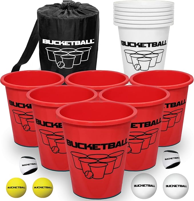 BucketBall | Team Color Edition | Combo Pack (Red/White): Original Yard Pong Game: Best Camping, Beach, Lawn, Outdoor, Family, Adult, Tailgate, Jumbo, Giant Game