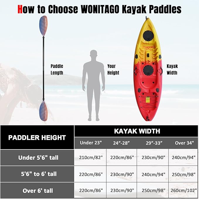 Kayak Paddle with Fiberglass Shaft and Reinforced Nylon Blade, Adjustable Kayaking Oars, 3 Piece, 230-250 cm/90-98 inches, 210-230 cm/82-90 inches