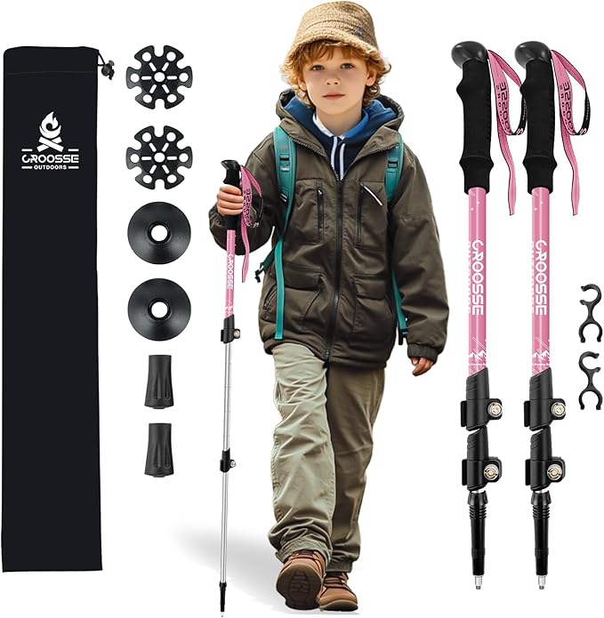 Lightweight Collapsible Kids Hiking Poles - Retractable Kids Hiking Stick, Telescoping Aluminum Trekking Poles 2 Pack, Adjustable Kids Ski Poles by Croosse