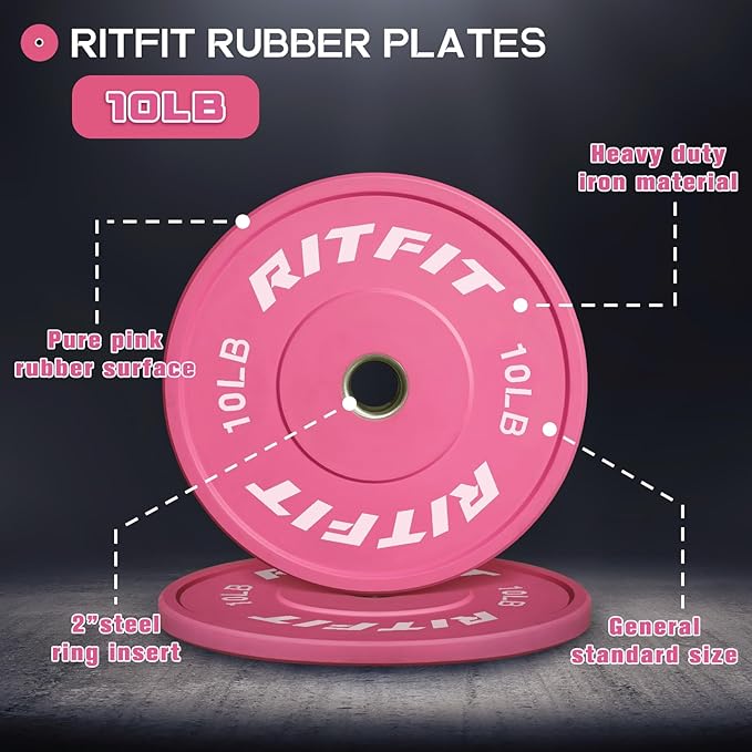 RITFIT Pink Weight Plates, 2 Inch Olympic Barbell Weight Plate, Bumper Plates With Steel Insert, Pink Weights for Gym and Home