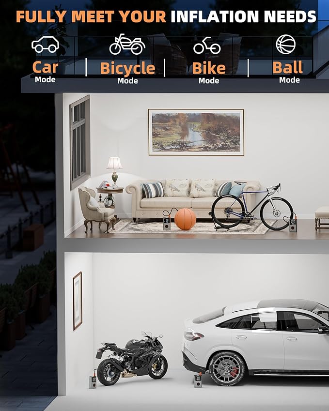 Tire Inflator Portable Air Compressor, Bike Pump, 150PSI Air Pump for Car Tires with LCD Dual Screen and Digital Tire Pressure Gauge, Air Compressor for Bicycle, Motorcycle, Compact Car, Ball