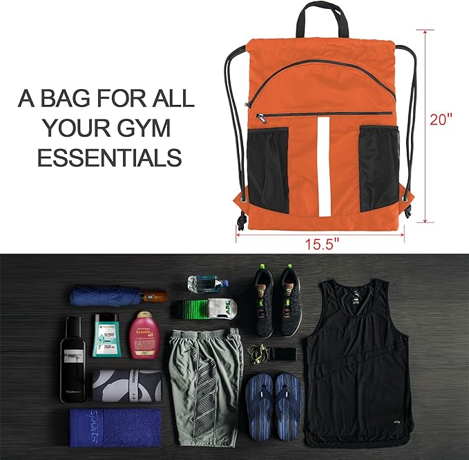 BeeGreen Drawstring Backpack Bag with Shoe Compartment, X-Large Black Gym Sports String Cinch Backpack