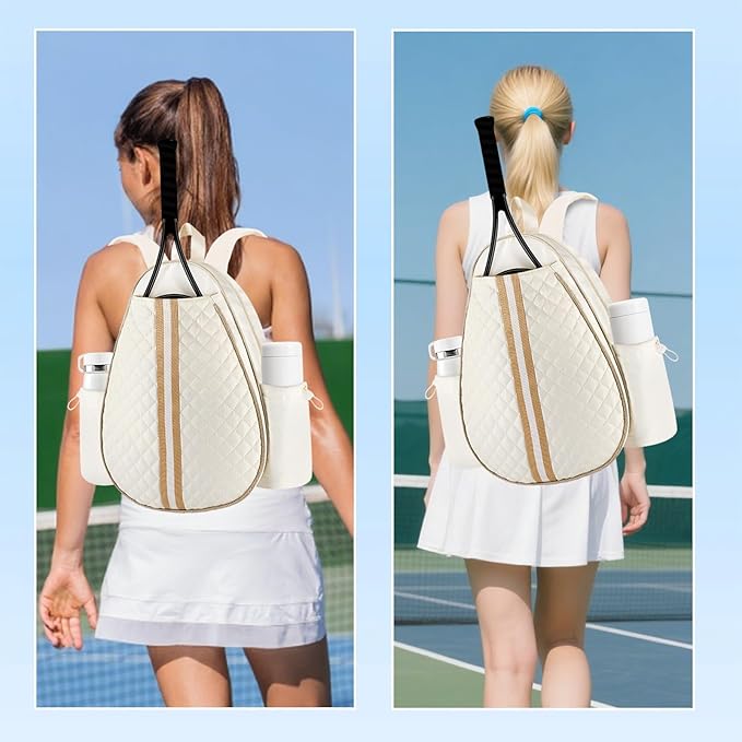 Tennis Bags for Women Quilted Large Tennis Sling Bag Crossbody Backpack Holds 2 Rackets Water Resistant Racket Bag Cover One Shoulder Pickleball Bags for Badminton Racquet Racketball (White)