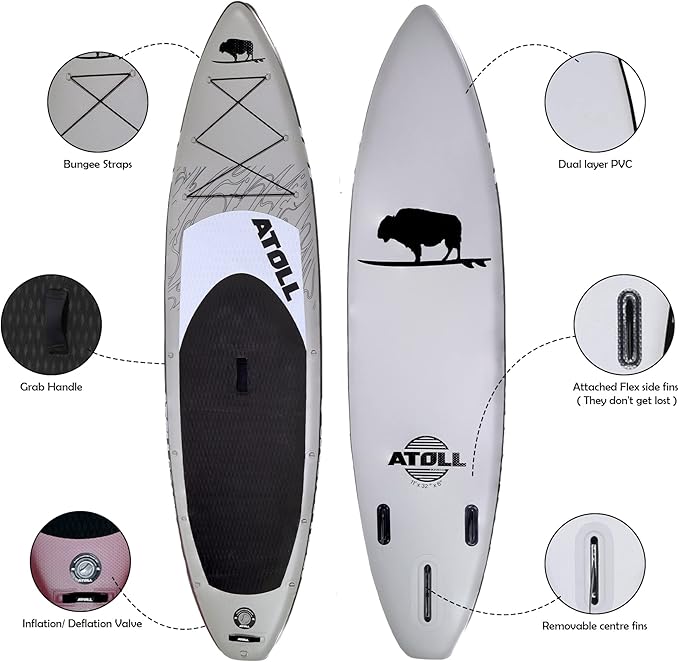 Atoll Inflatable Stand Up Paddle Board ISUP, Bravo Hand Pump and 3 Piece Paddle, Travel Backpack and Accessories New Leash Included Two Sizes - 11ft and 9ft