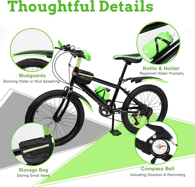 20 Inch Child City Bike, 7 Speeds Adjustable Height High Carbon Steel Kids Mountain Bike, Double Disc Brake Bicycle, Green