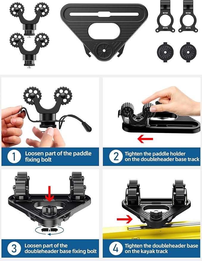 Doubleheader with Dual Kayak Paddle Holder, Multi-Functional Kayak Paddle Holder, Dual Head Kayak Track Mount Accessories with Two Security Tethers - Kayak Oar/Fishing Net/Gaff Holder for Fishing
