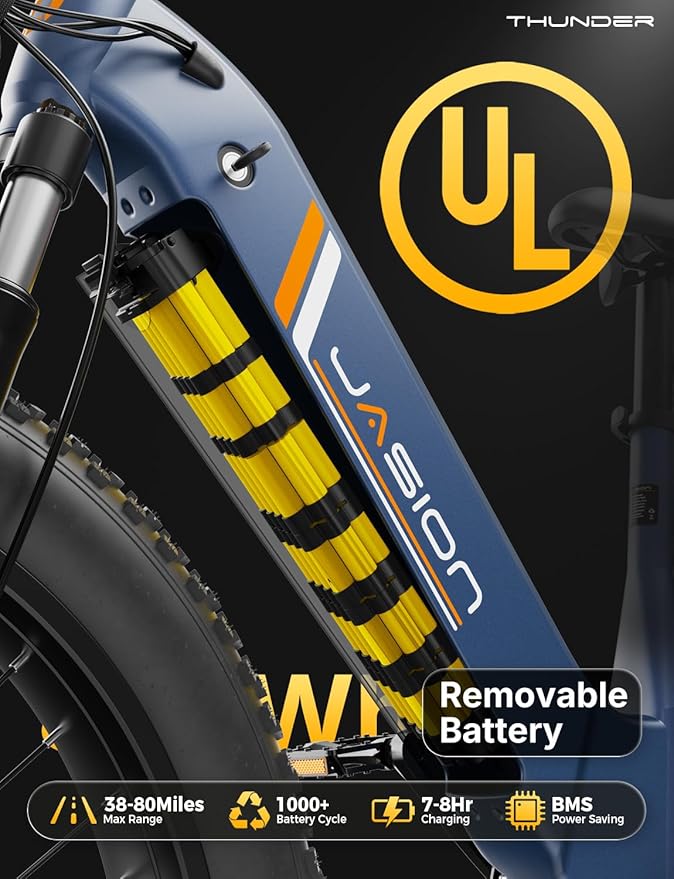 Jasion Thunder Electric Bike, 1500W Peak Motor, 30+MPH Max Speed & 80 Miles with 486Wh Removable Battery, APP Control Ebike for Adults, Hydraulic Brakes, Front Suspension, 26'' x 4'' Fat Tire Bicycles