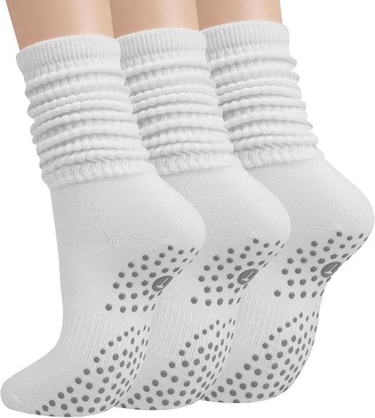 Grip Pilates Socks for Women, Yoga Slouch Socks with Grip for Barre Workout Hospital Long Scrunch Slipper Socks
