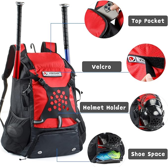 Baseball Backpack for Youth, Boys, Adults - Bat and Softball Equipment Bag With Glove Holder, Helmet, Shoes Compartment - T-Ball Accessories and Baseball Gifts