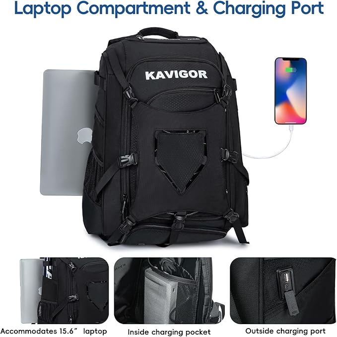 Baseball Bag for Youth and Adult, Softball Backpack 50L Large Capacity, Equipment Backpack with Laptop Compartment and Charge Port