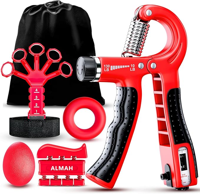 ALMAH Hand Grip Strengthener kit(5 Pack),Grip Strength Trainer,Forearm Workout Trainer Adjustable Grip Exercises,Finger Grip Strengthener,Finger Stretcher,Grip Ring & Stress Relief Ball with Carry Bag