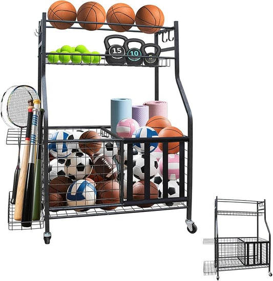 Garage Sports Equipment Organizer, Large Capacity Garage Organizer System with Wheels, with Hooks and Baskets, for Ball Storage,Football,Soccer Ball,Bat, Toys