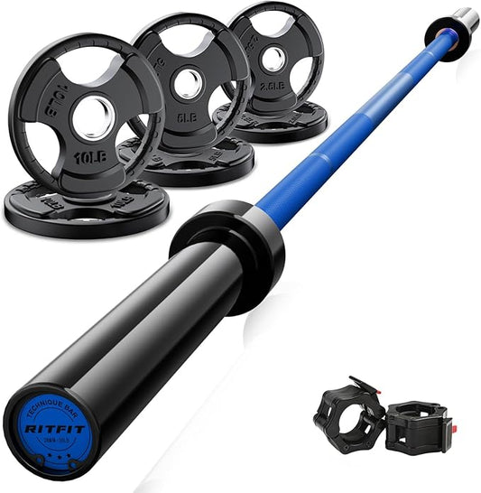 RitFit Barbell Weight Set - 4/6FT Olympic Barbell with Weight Plates (55-275LB Total) - Weightlifting Equipment for Squats, Curls, Deadlifts, Presses, Hip Thrusts